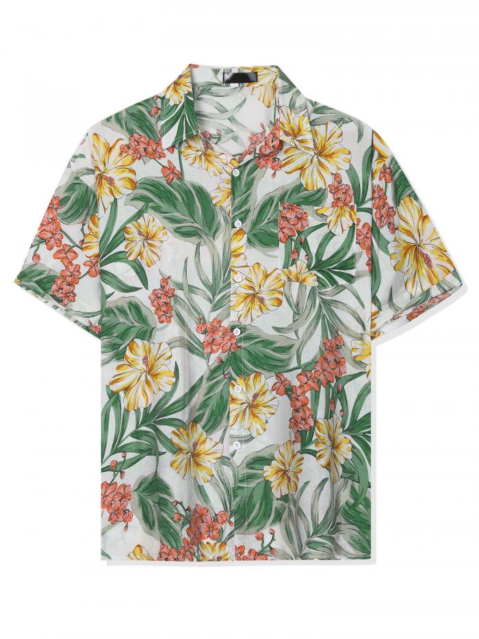 Lars Amadeus ハワイアンシャツ 夏 ビーチ 花柄シャツ 半袖 ボタンダウン メンズ ホワイトイエロー M