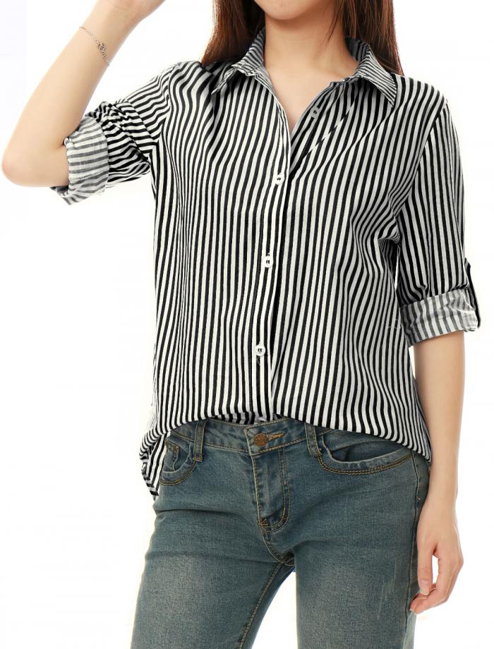 Allegra K ストライプシャツ ブラウス ロールアップ 長袖 カジュアル レディース ブラック 3XL