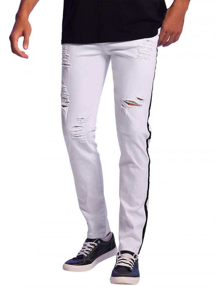 Lars Amadeus デニムパンツ リップドジーンズ ロングパンツ スリムフィット ストレートレッグ メンズ ホワイト XL