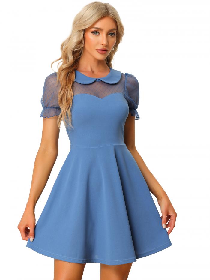 Allegra K ドレス レトロ 半袖 カジュアルワンピース クルーネック メッシュ パネル レディース ブルーグレー XS