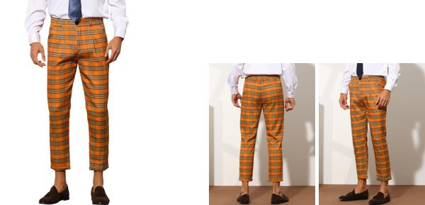Lars Amadeus チェック柄ドレスパンツ ロングパンツ アンクル丈 ビジネス メンズ オレンジ 28