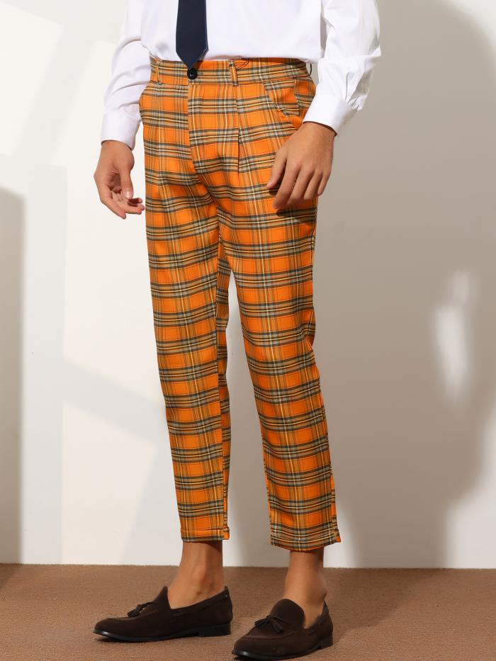 Lars Amadeus チェック柄ドレスパンツ ロングパンツ アンクル丈 ビジネス メンズ オレンジ 28