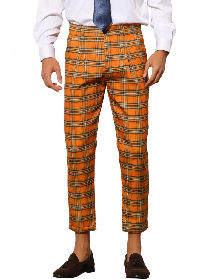 Lars Amadeus チェック柄ドレスパンツ ロングパンツ アンクル丈 ビジネス メンズ オレンジ 28
