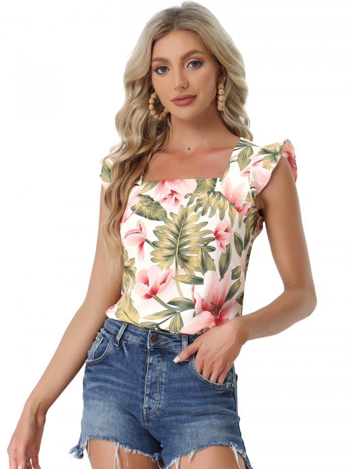 Allegra K フリル タンクトップ スクエアネック カジュアル 花柄 プリント レディース ホワイトピンク S