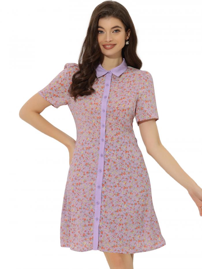 Allegra K 半袖 シャツワンピース ドレス コントラストカラー ベルト おしゃれ レディース パープル S