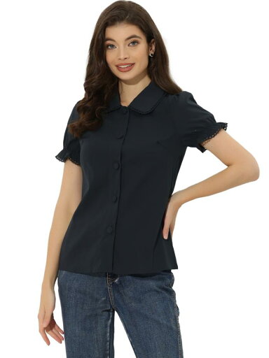 Allegra K 無地トップス 半袖ブラウス ボタンダウンシャツ ドールカラー レース デイリー レディース ネイビーブルー XS Allegra K 無地トップス 半袖ブラウス ボタンダウンシャツ ドールカラー レース デイリー レディース ネイビーブルー XS
