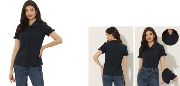 Allegra K 無地トップス 半袖ブラウス ボタンダウンシャツ ドールカラー レース デイリー レディース ネイビーブルー M