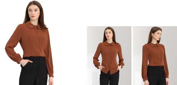 Allegra K ブラウス レディース 長袖 シフオンブラウス 丸襟 可愛い シャツ オフィス カジュアル トップス 着痩せ おしゃれ 通勤 OL ブリックレッド S