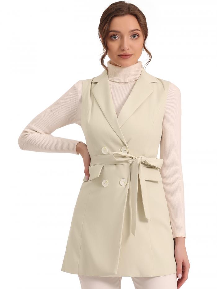 Allegra K ロングブレザー トレンチベスト ラペルカラー ダブルブレスト ノースリーブ レディース アプリコット S