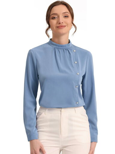 Allegra K 長袖ブラウス 無地シャツ エレガント パールボタン スタンドカラー 通勤 OL レディース ブルーグレー XL Allegra K 長袖ブラウス 無地シャツ エレガント パールボタン スタンドカラー 通勤 OL レディース ブルーグレー XL