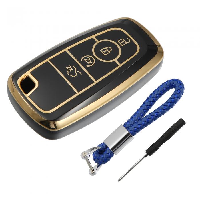 ACROPIX キーレスエントリーリモコンカバー キーフォブカバー キーチェーン付き TPU 4ボタン Fordに対応 Mustangに対応 ブラック 1個