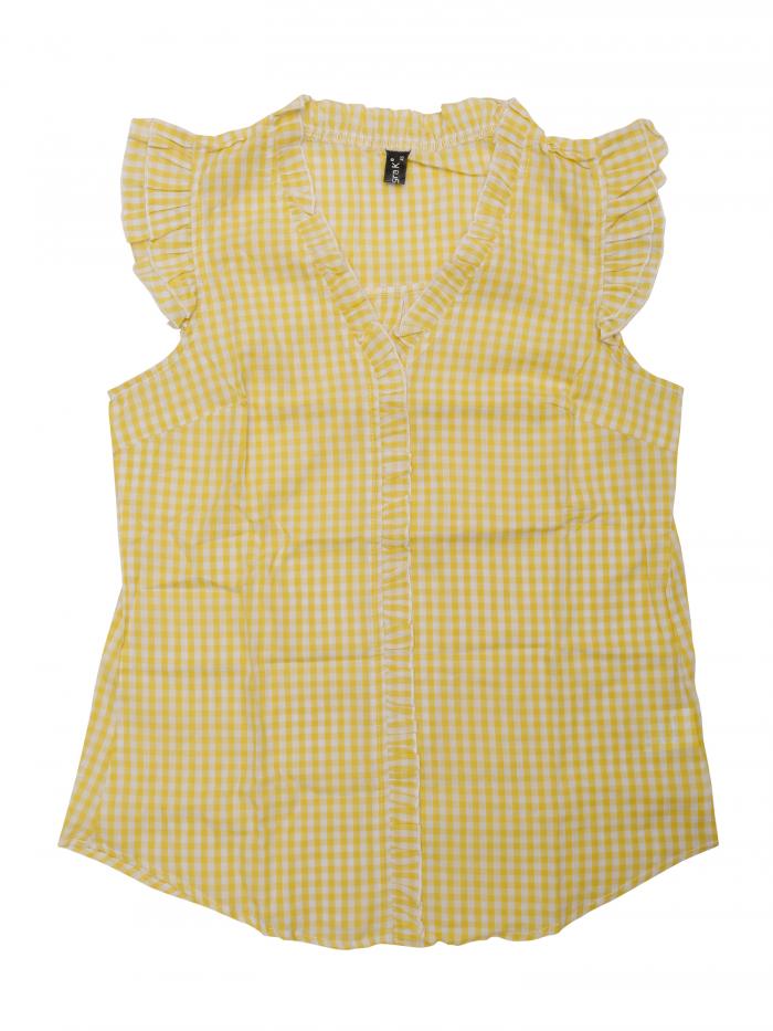 Allegra K チェック柄 ブラウス 綿 ボタンダウン 可愛い キャップ スリーブ ギンガム フリル シャツ レディース イエロー M