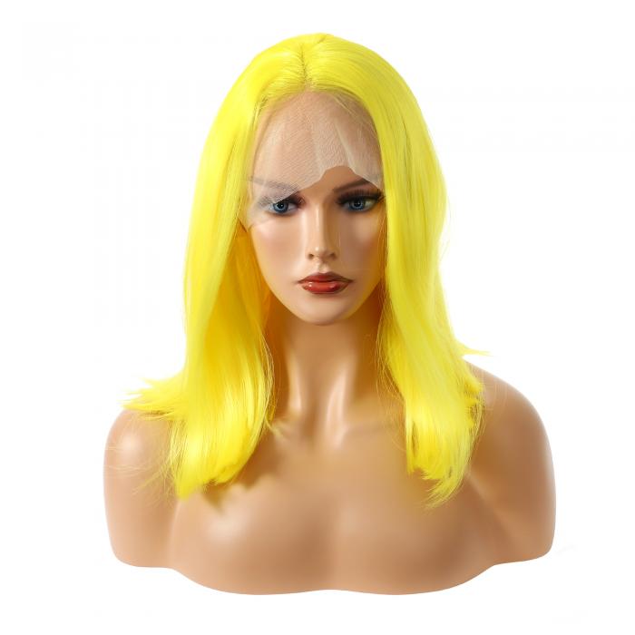VOCOSTE レースフロントウィッグ 耐熱性 ミディアムロングストレートボブウィッグ 女の子の日常用 35.5 cm イェロー