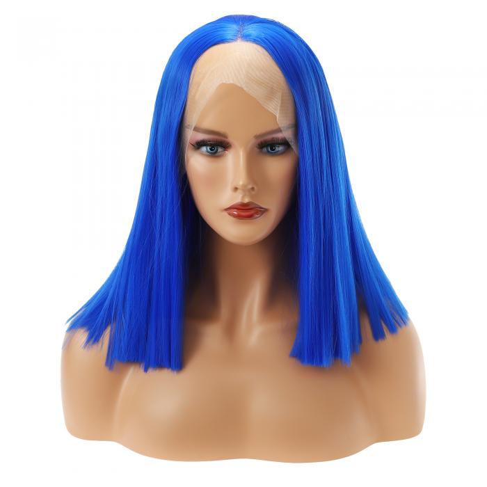 VOCOSTE レースフロントウィッグ 耐熱性 ミディアムロングストレートヘアウィッグ 女の子の日常用 30.5 cm ブルー