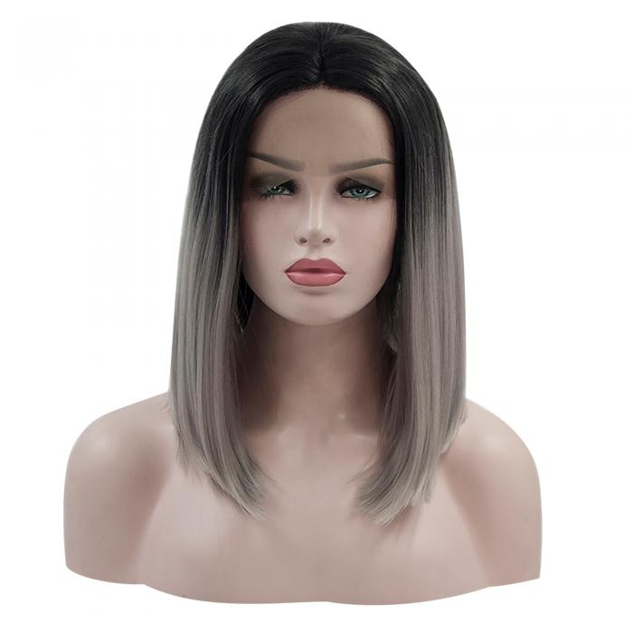 VOCOSTE レースフロントウィッグ 耐熱性 ミディアムロングストレートボブウィッグ 女の子の日常用 35.5 cm ブラックグラデーショングレー