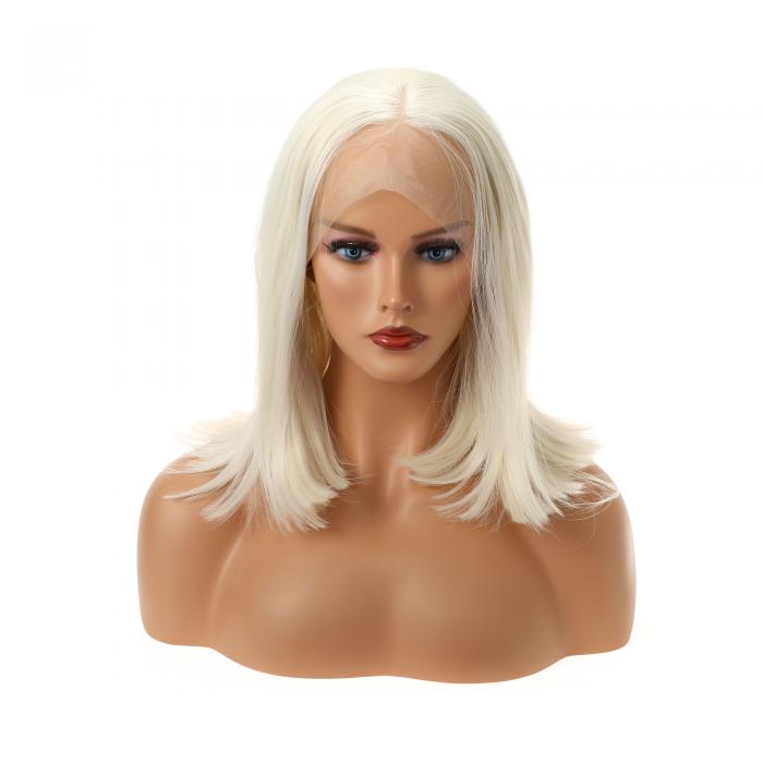 VOCOSTE レースフロントウィッグ 耐熱性 ミディアムロングストレートボブウィッグ 女の子の日常用 30.5 cm ホワイト