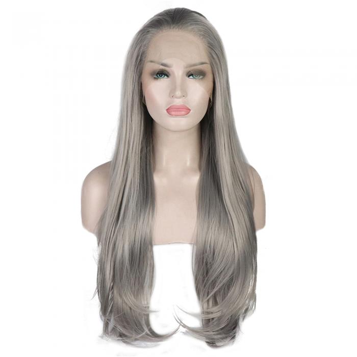 VOCOSTE レースフロントウィッグ 耐熱性 ロングナチュラルカーリーウィッグ 女の子の日常用 61 cm グレー