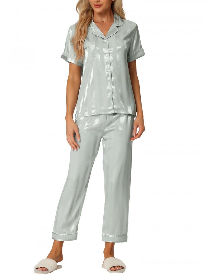cheibear ストライプ サテンパジャマセット ボタンダウン 半袖 長ズボン 夏 部屋着 ソフト レディース ライト緑 S
