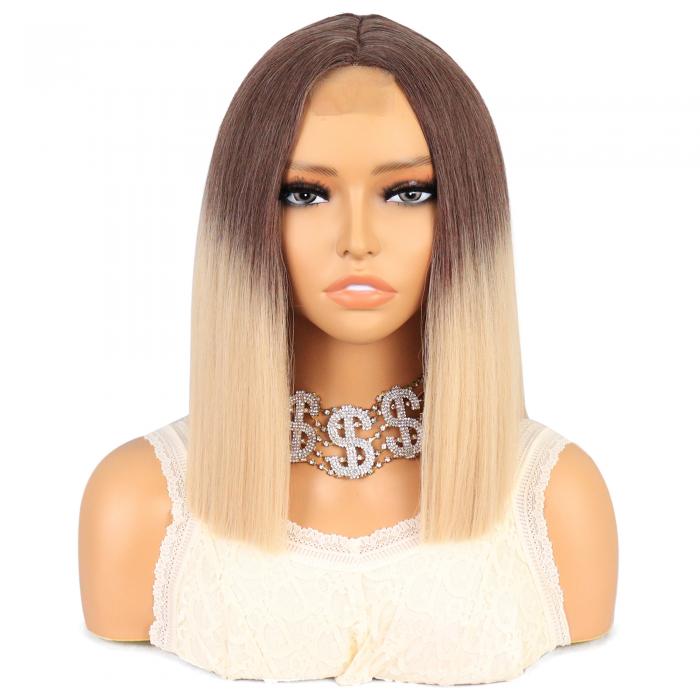 VOCOSTE レースフロントウィッグ 耐熱中長いストレートヘアウィッグ 女性日常用ウィッグ (35.5cm長さ ブラウングラデーションブロンド)