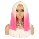 VOCOSTE レースフロントウィッグ 耐熱中長いストレートヘアウィッグ 女性日常用ウィッグ (35.5cm長さ ブロンドグラディエントピンク)