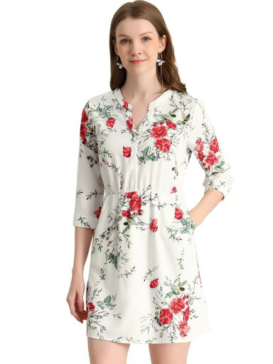 Allegra K 花柄ワンピース Vネック 七分袖 シャツワンピース ポケット付き 夏 レディース ホワイトレッド XL Allegra K 花柄ワンピース Vネック 七分袖 シャツワンピース ポケット付き 夏 レディース ホワイトレッド XL