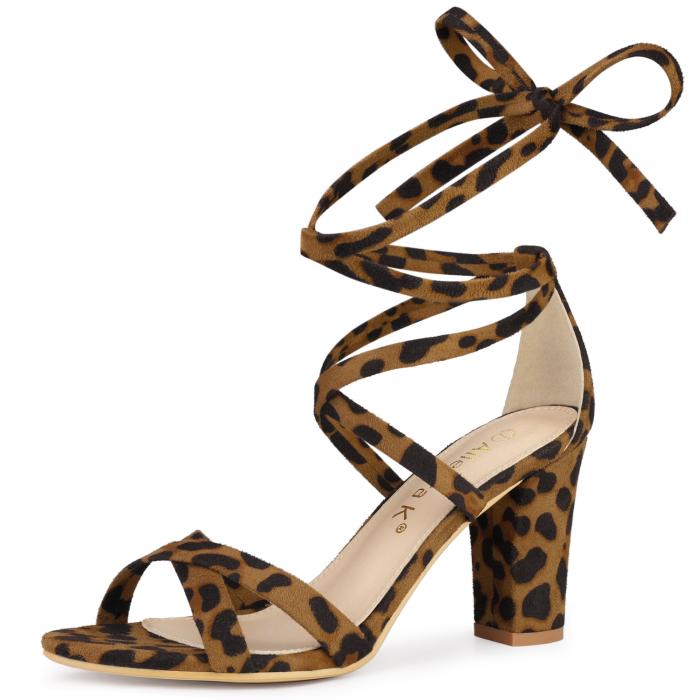 Allegra K レースアップ サンダル オープントゥ ハイヒール ブロックヒール レディース ヒョウ柄 24.5 cm