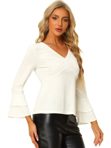Allegra K ベルベット ペプラムトップス Vネック ブラウス フレア 長袖 レディース ホワイト M Allegra K ベルベット ペプラムトップス Vネック ブラウス フレア 長袖 レディース ホワイト M