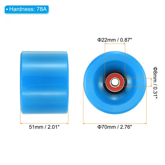 PATIKIL 70mm 78A ロングボードの車輪 A BEC-9ベアリング付き レッド 4個入り 柔らかい 巡洋艦の車輪 ストリートホイール スケートボード用 スケートボードの車輪 PU ブルー 3
