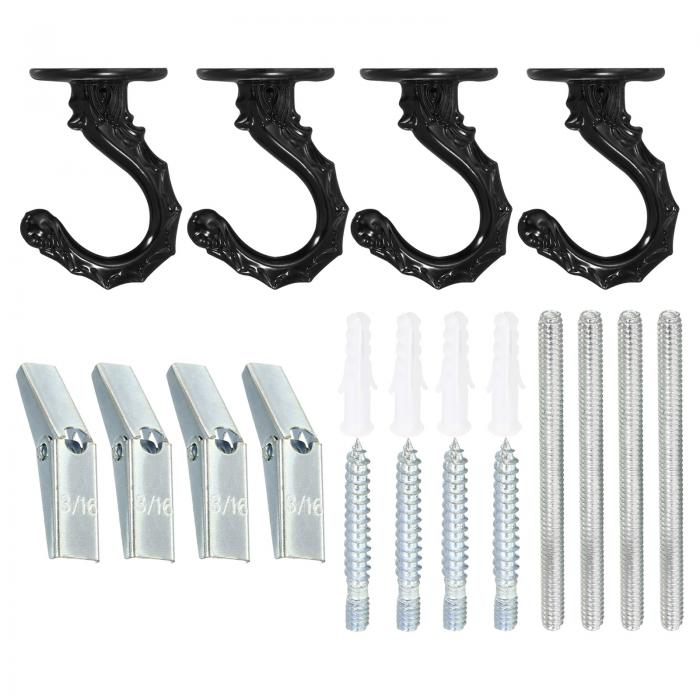 PATIKIL 55 x 41mm ハンギングフック 天井吊りフック 吊り下げフック 4セット 取り付け金具付き 屋内屋外用 植物の吊り下げ用 ブラック