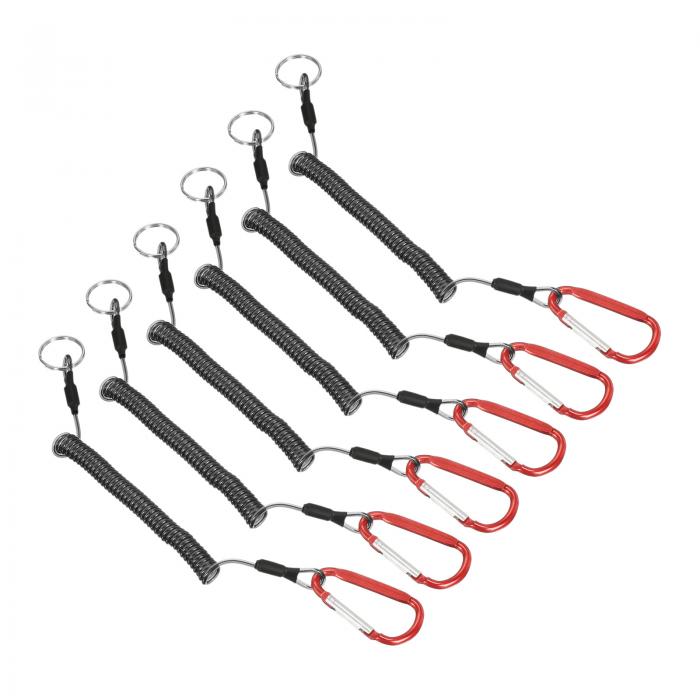 PATIKIL 25cm コイル状ストラップ 釣り安全コード フィッシングコイルドストラップ 6個入り 伸縮可能 レッドメタルクリップキーチェーン付き ボート用 カヤック用 クリアブラック