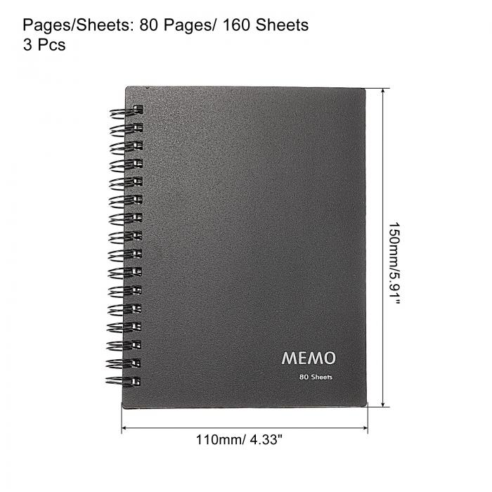 PATIKIL A6サイズ メモパッド 3個 110 x 150 mm 80枚ハードカバー 罫紙螺旋ノートブック ホームオフィス用 ブラック 3