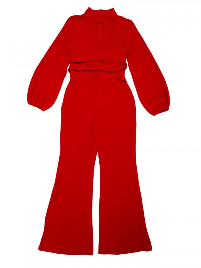 Allegra K レディース 長袖 ハイウエスト エレガント パーティー ベルボトムパンツ ジャンプスーツ ドレッシー ジャンプスーツ レッド L