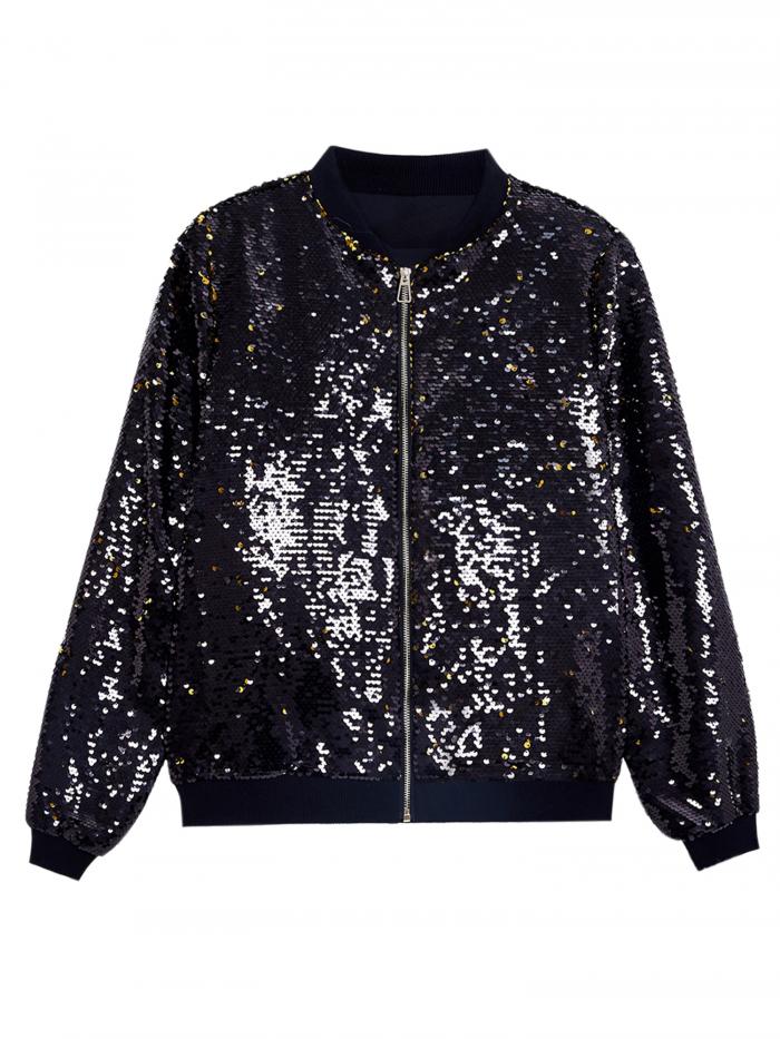 Lars Amadeus 多色光沢 スパンコール ボンバージャケット ジップアップ メタリック バーシティ 長袖 アウター パーティー ディスコ メンズ ブラック XL