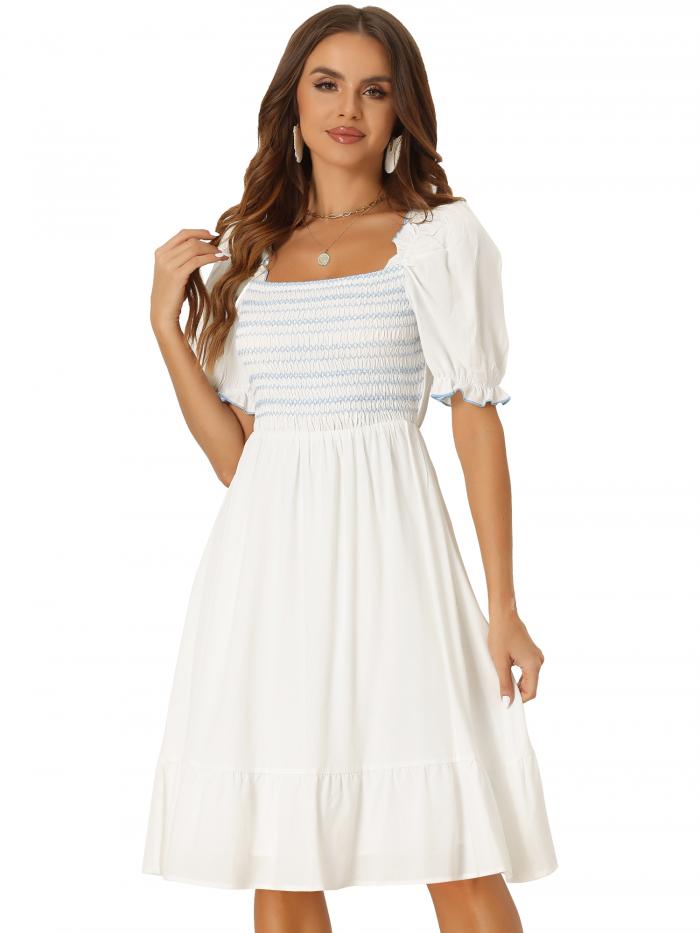 Allegra K カジュアルワンピース スモックドレス スクエアネック パフ 半袖 フリル サマードレス レディース XS|S|M|L|XL(4)