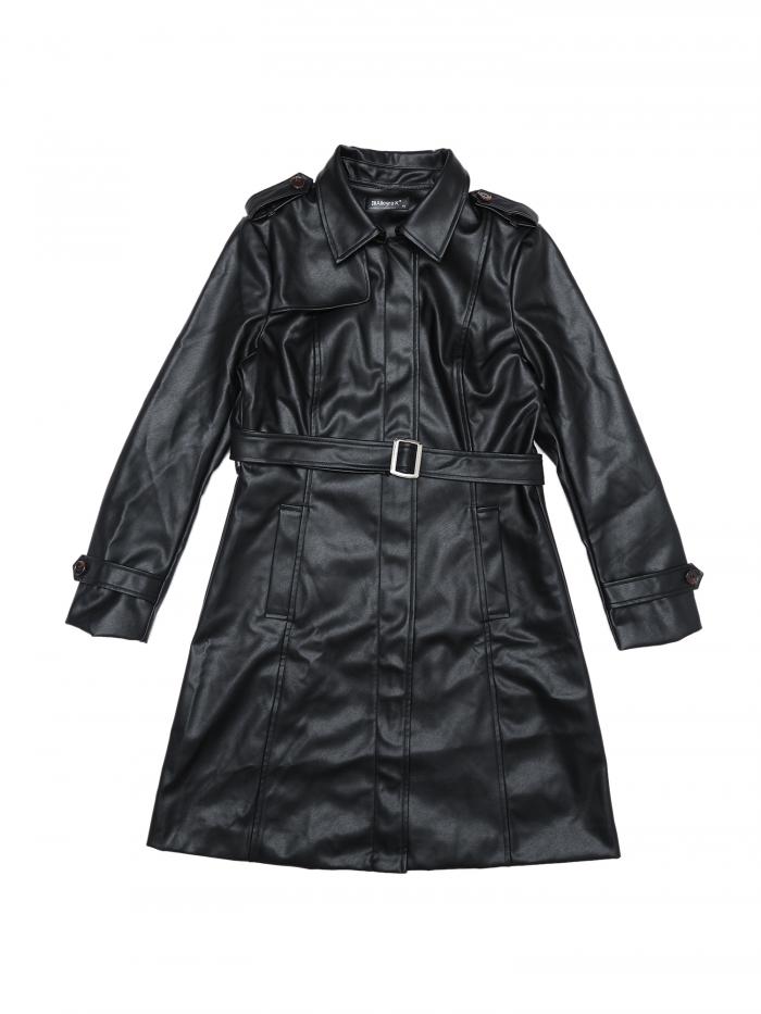 Allegra K レディース フェイクレザーロングジャケット ラペル スリムフィット 長袖 ジップコート ブラック M(4)