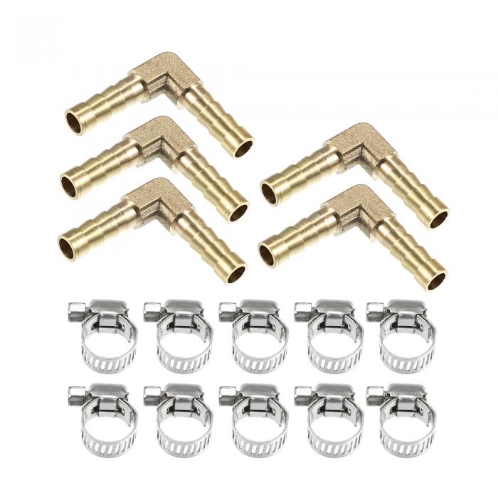 uxcell ブラスフックホース継手 6mm 2ウェイ L形 ホースバーブ ブラス アダプタ 10クランプ付き 空気-水-ガス-オイルパイプ用 5セット入り