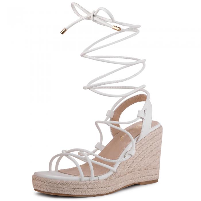 Allegra K ウェッジ サンダル レースアップ プラットフォーム ストラップ エスパドリーユ レディース ホワイト 26.0 cm
