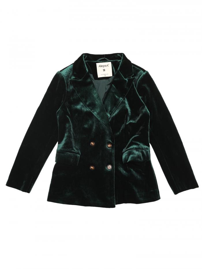 Allegra K レディース ベルベットブレザー ノッチドラペル 長袖 ダブルブレスト ブレザー ジャケット ダークグリーン M