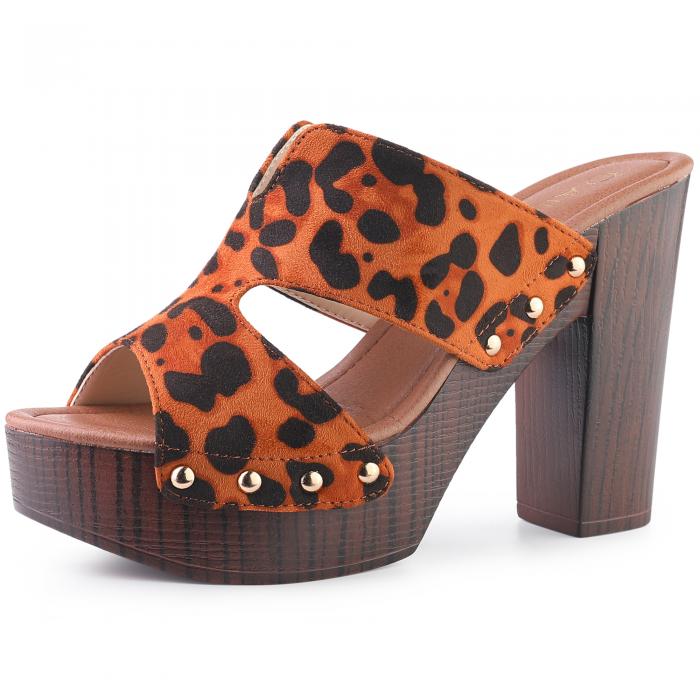 Allegra K スウェード スライド サンダル ミュール オープントゥ プラットフォーム 太ヒール レディース ブラウンレオパード 26.5 cm