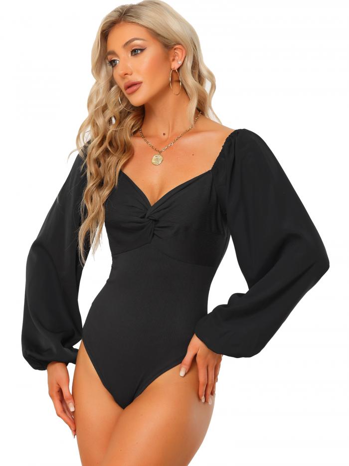 Allegra K レオタード ロングT シャツ 無地トップス V ネック パフスリーブ 長袖 ボディスーツ 春秋 レディース ブラック S