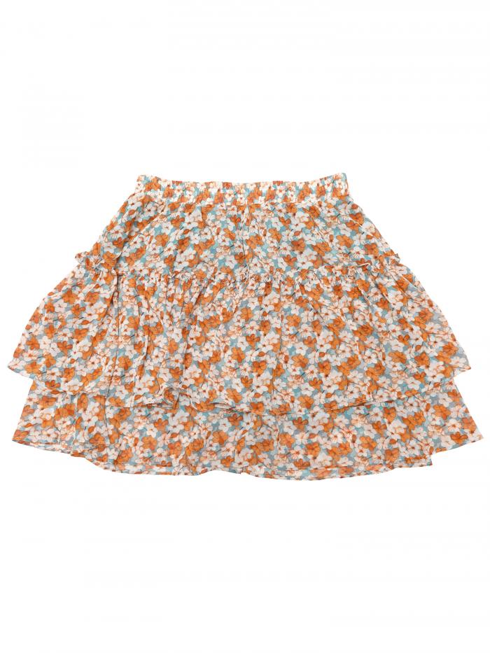 Allegra K フリルスカート ミニスカート 花柄 ショートスカート aライン ハイウエスト レディース グリーンオレンジ L