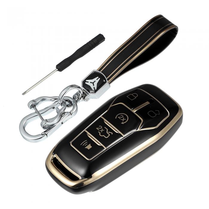 X AUTOHAUX 車のリモートキーフォブケースカバー キーチェーン付き 5つのボタン 全面保護 TPU Fordに対応 Fusionに対応 2013-2016に対応 Fordに対応 F150に対応 2015-2017に対応 ブラック