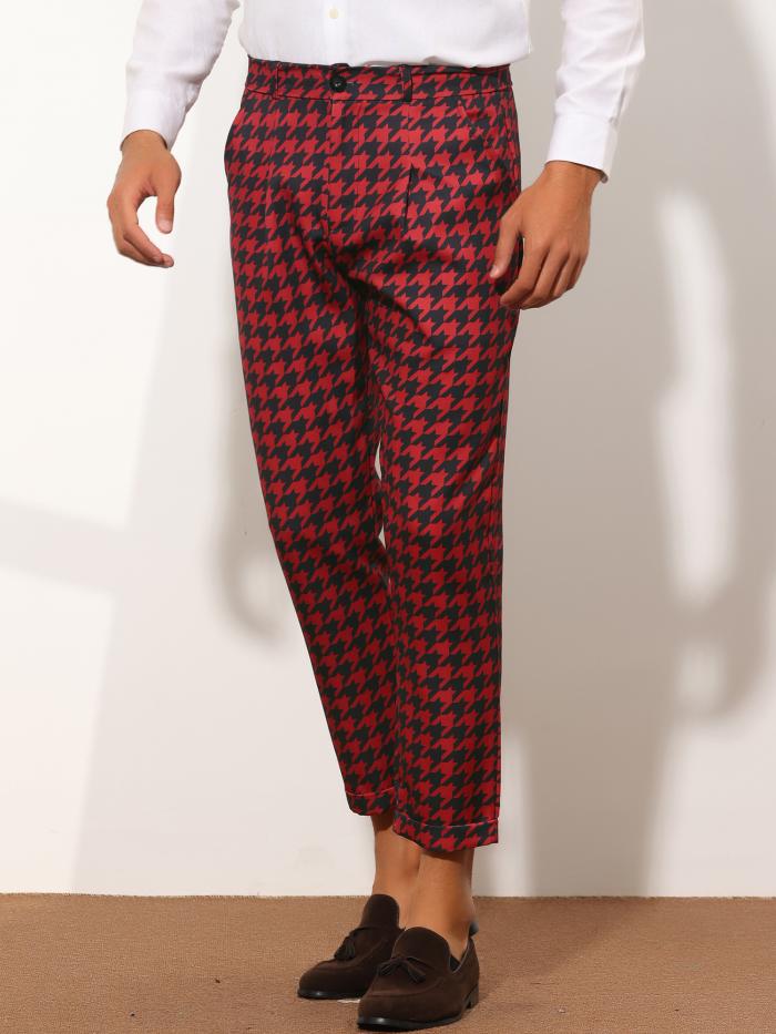 Lars Amadeus ロングパンツ クロップドパンツ チェック柄 千鳥格子 ドレスパンツ スリムフィット メンズ レッド 30