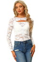 Allegra K シアーブラウス トップス 花柄シャツ レース カットアウト 長袖 シースルー レディース ホワイト XS(4)