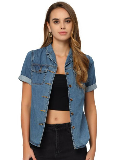 Allegra K ボタンアップ シャツ デニム シャツ 襟付き 半袖 胸ポケット レディース ブルー XL Allegra K ボタンアップ シャツ デニム シャツ 襟付き 半袖 胸ポケット レディース ブルー XL