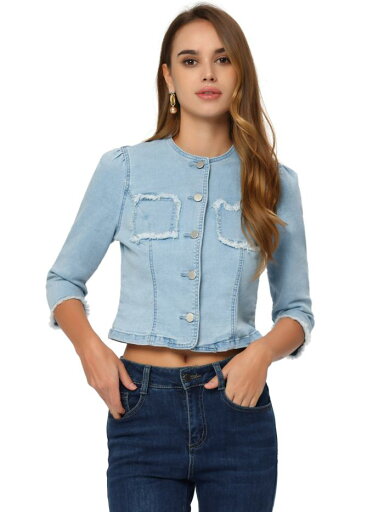 Allegra K ジーンズジャケット デニムコート カジュアル クロップ ラウンドネック 七分袖 ボタン レディース ライトブルー XS Allegra K ジーンズジャケット デニムコート カジュアル クロップ ラウンドネック 七分袖 ボタン レディース ライトブルー XS