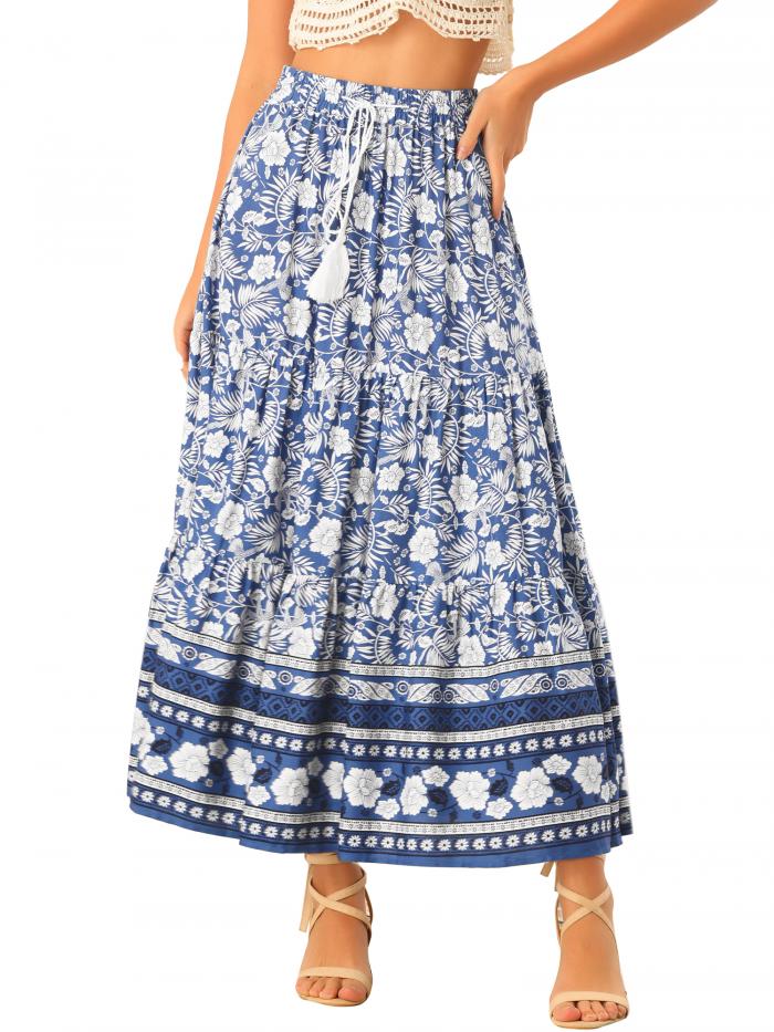 Allegra K 花柄スカート カジュアル マキシスカート 民族風 ニット ウエストゴム ボヘミアン レトロ レディース ブルー M