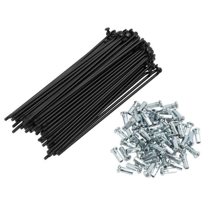 商品詳細 特徴 【属性1】スポーク仕様:スポーク糸サイズ:12G;スポーク材質:炭素鋼;スポークカラー:ブラック;スポーク直径:2.5mm/0.10インチ;スポークエルボー直径:5mm/0.20インチ;スポークニップル糸サイズ:12G;スポークニップル材質:炭素鋼メッキ;スポークニップル直径:6.8mm/0.27インチ;スポークニップル長さ:13 mm/0.51インチ【属性2】ユニバーサル：一般的なシティサイクルやマウンテンバイクなど、いろんなタイプの自転車に使えます。しなやかで衝撃に強い素材を使用。ホイールへの負担を減らし、スポークを交換するだけで自転車全体が引き締まった印象になります。【属性3】素材: 亜鉛メッキ加工の炭素鋼を使用。しなやかで衝撃に強く、ホイールへの負担を和らげます。【属性4】取り付け: スポークの長さはリムやハブ、組み方によって異なるため、交換前に古いスポークのサイズをご確認ください。取り付けの際は、ドラム側の隣り合う2本のスポークを、リムの同じ向きの1つ目と3つ目の穴（82つ飛ばし）に通してください。作業前にホイールの写真を撮っておくと、組み立て時の参考になります。【属性5】パッケージ内容:バイクホイールスポーク 72本;バイクスポークニップル 72個【商品説明】特徴:ホイールスポークキットには自転車ホイールの修理に十分なスポークとニップルが含まれていますスポークとニップルを交換し、耐久性を向上させてレース対応にできますプログレッシブ連続ハンマリング技術採用で振動負荷能力を向上スポークを更新して自転車を新品同様に見せます炭素鋼製で優れた靭性と衝撃吸収性があり、ホイールへの衝撃を軽減します仕様:スポーク糸サイズ:12Gスポーク材質:炭素鋼スポークカラー:ブラックスポーク直径:2.5mm/0.10インチスポークエルボー直径:5mm/0.20インチスポーク長さ(エルボー除く):131mm/5.16インチスポークニップル糸サイズ:12Gスポークニップル材質:炭素鋼メッキスポークニップル直径:6.8mm/0.27インチスポークニップル長さ:13 mm/0.51インチご注意:取り付け時、ホイールドラムに対応 上で隣接する2本のスポークはリム上で同じ方向の1番目と3番目の穴に取り付けます(1穴空けて2本配置)自転車スポークの長さはリム、ハブ、組み方によって異なります注文前に古いスポークを測定しサイズを確認してくださいホイールの整列を合わせるため、取り付け前に写真を撮ることをおすすめしますパッケージ内容:バイクホイールスポーク 72本バイクスポークニップル 72個 注意書き 【注意事項】 ・当店でご購入された商品は、原則として、「個人輸入」としての取り扱いになり、すべて中国の広東省からお客様のもとへ直送されます。 ・ご注文後、1〜3営業日以内に配送手続きをいたします。配送作業完了後、遅くとも1ヶ月程度でのお届けとなります。 ・個人輸入される商品は、全てご注文者自身の「個人使用・個人消費（日本に居住する者に寄贈される物で、当該寄贈を受ける者の個人的な使用に供される場合を含みます。）」が前提となります。第三者への譲渡・転売が法令で禁止されるもの（医薬品、医薬部外品、化粧品等を含みますが、これに限られません。）もございますのでご注意下さい。 ・関税・消費税が課税される場合があります。 詳細はこちらご確認下さい。 ＊色がある場合、モニターの発色の具合によって実際のものと色が異なる場合がある。