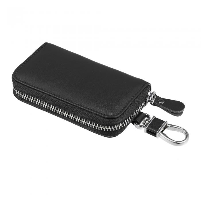 uxcell 車のキーケース フェイクレザー ジッパー 多機能 ユニバーサル カーフォブキーケース ポケット マネーホルダー オートリモートキー用 ブラック