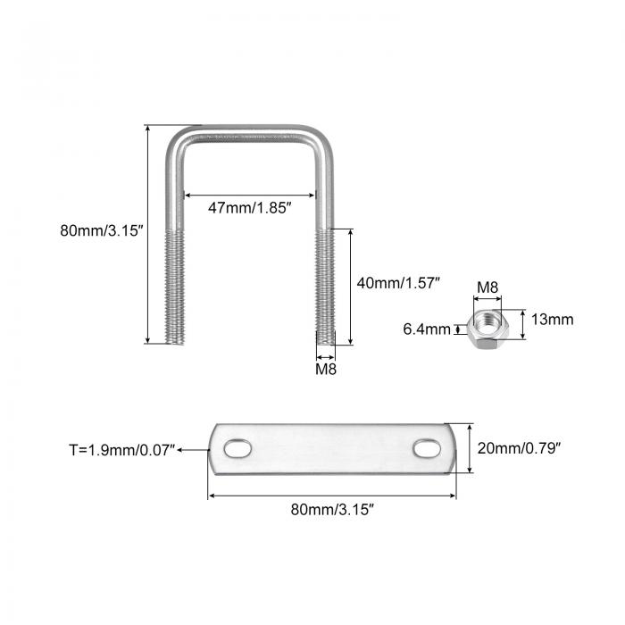 uxcell 角Uボルト 304ステンレス鋼 Uクランプボルト ナットとプレート付き ボートトレーラー用 M8 47 mm内幅 80 mm長さ 3セット 3